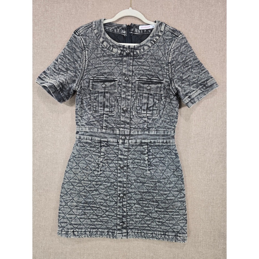 Shoedazzle Quilted Denim Dress Women's Large Gray Acid Wash Utility Button Front
